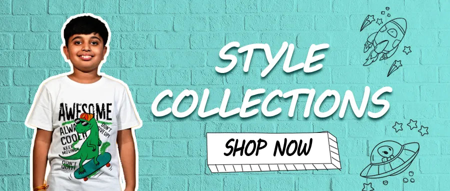 Child wearing a t-shirt with a dinosaur graphic and text, standing against a teal brick wall with 'Style Collections' and 'Shop Now' text.