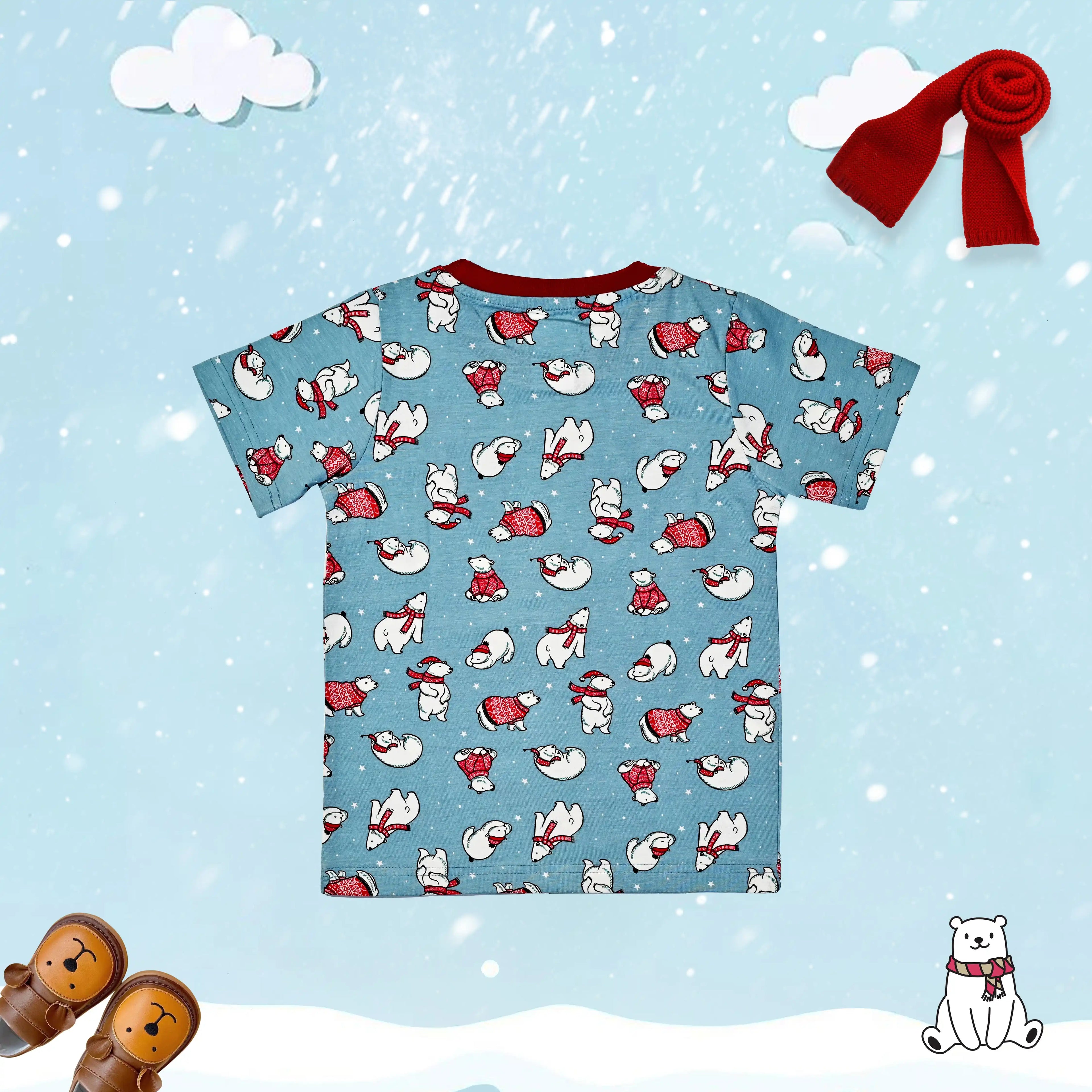 Children's t-shirt with winter-themed design on a snowy background