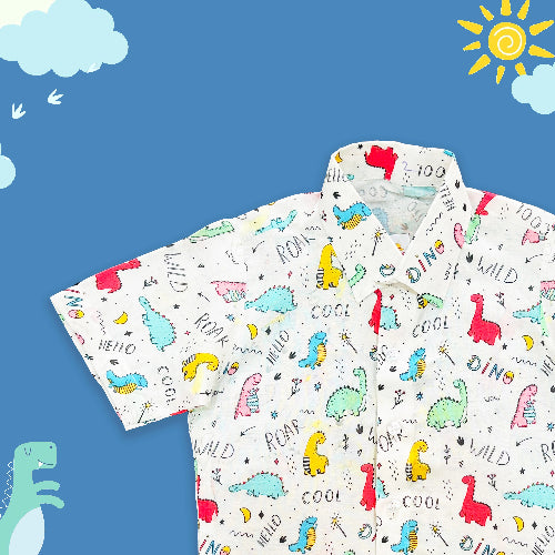 Children's shirt with dinosaur pattern on a blue background with sun and clouds