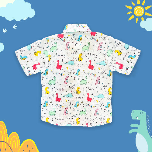 Children's shirt with dinosaur pattern on a blue background with sun and clouds