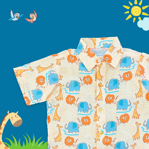 Children's shirt with animal pattern on a blue background with cartoon elements