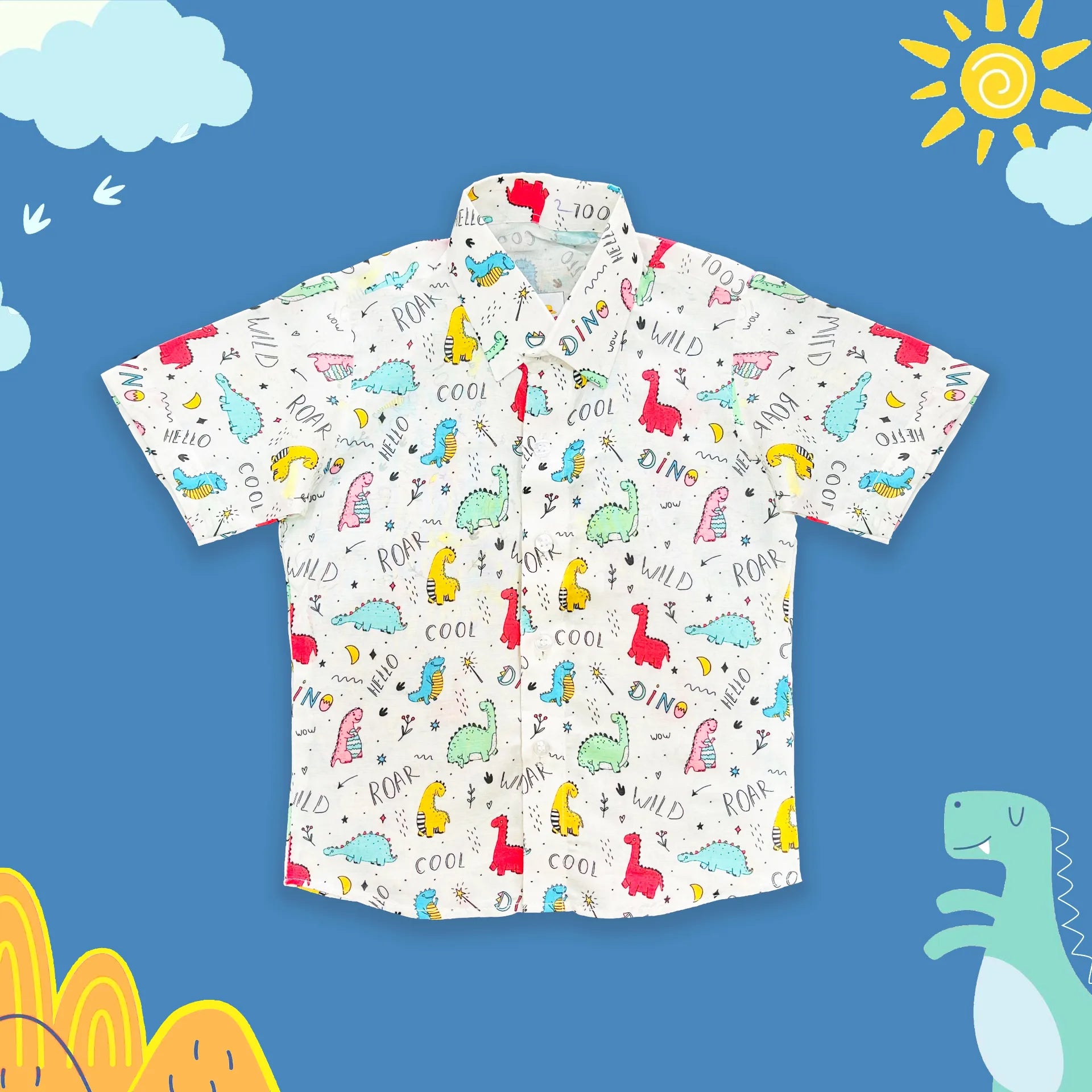 Children's shirt with dinosaur pattern on a blue background with cartoon elements