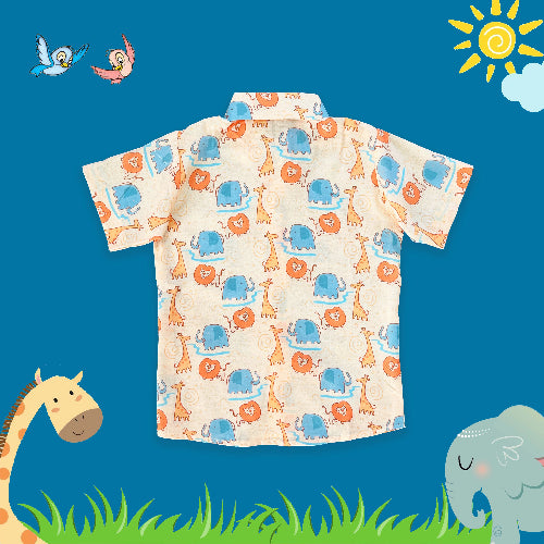 Children's shirt with animal pattern on a blue background with cartoon elements