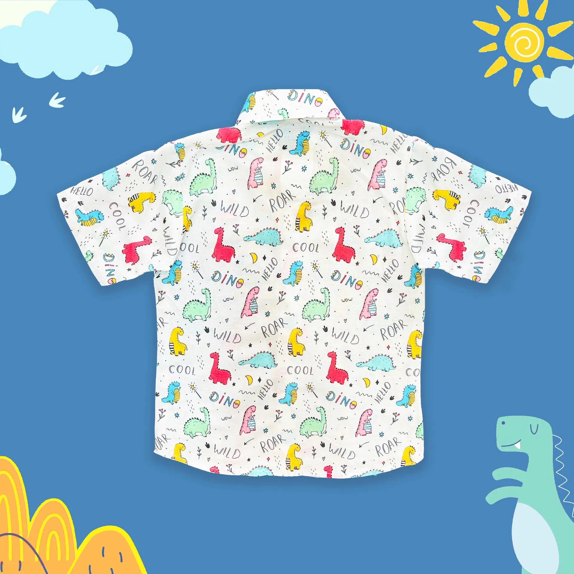 Children's shirt with dinosaur pattern on a blue background with sun and clouds