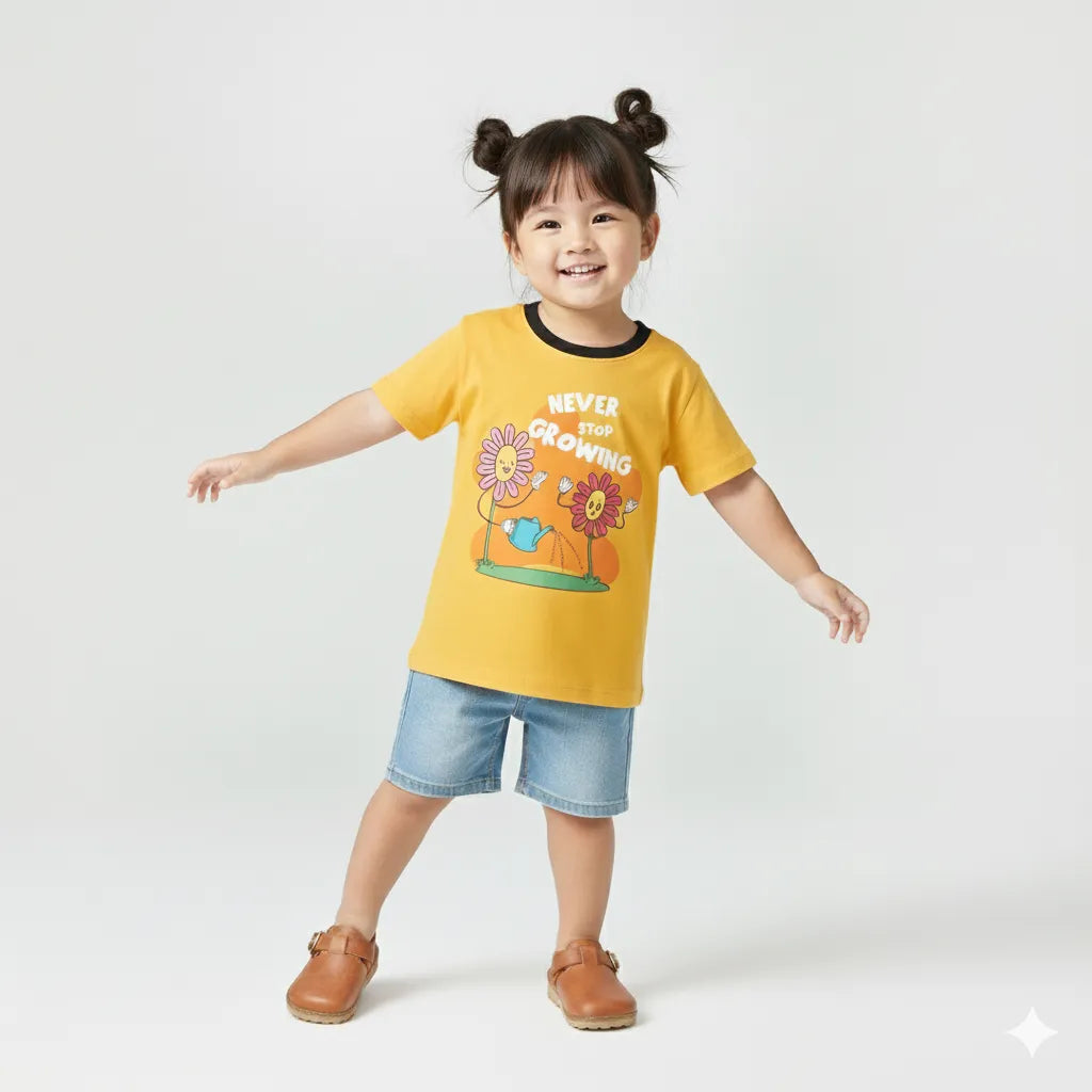 Child wearing a yellow t-shirt with a graphic design and denim shorts on a white background