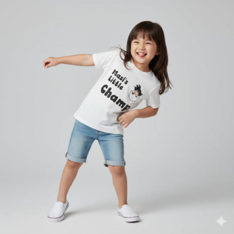 Child wearing a white t-shirt with text and graphics, standing on a plain background