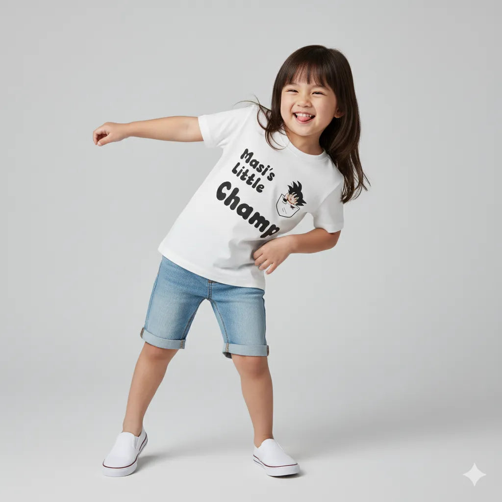 Child wearing a white t-shirt with text and blue shorts on a gray background