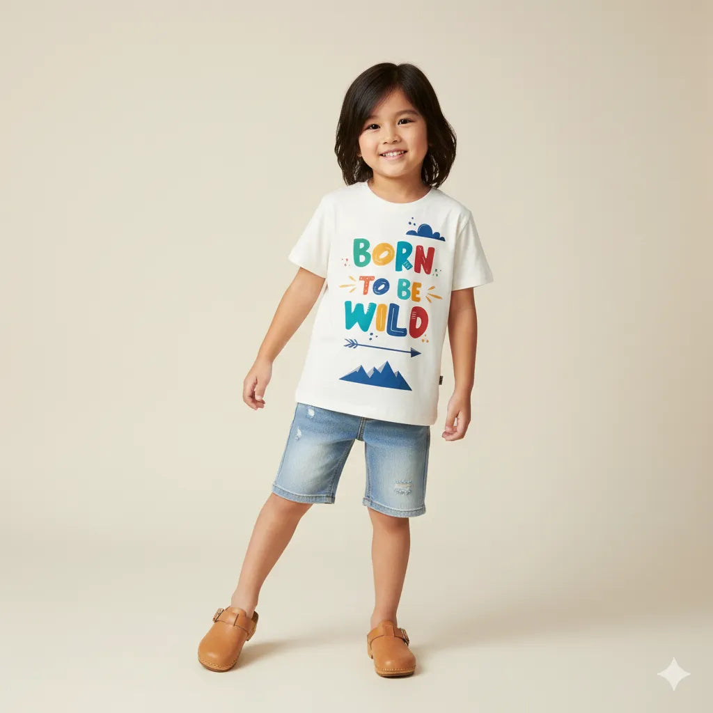 Child wearing a 'Born to be Wild' t-shirt with colorful text and graphics on a plain background