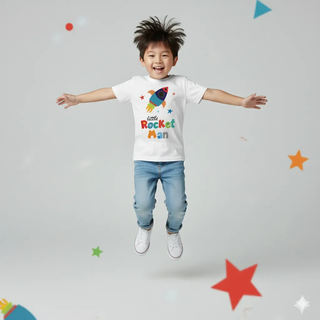 Child wearing a 'Little Rocket Man' t-shirt with colorful stars and a rocket on a gray background.