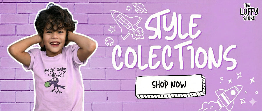 Child wearing a pink shirt with a graphic design against a purple brick wall background with 'Style Collections' text.