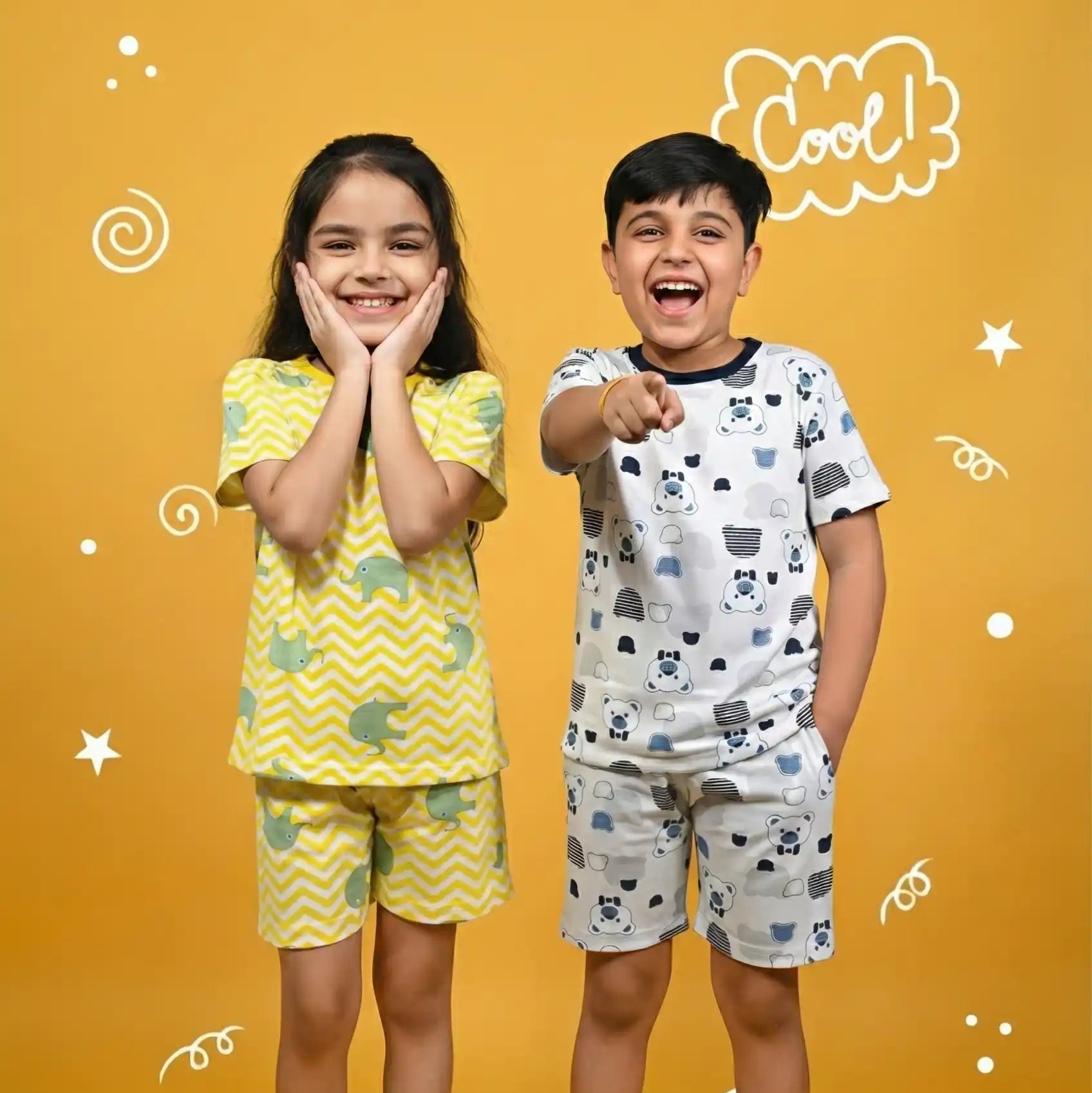 Two children in pajamas on a yellow background with 'Cool' text.
