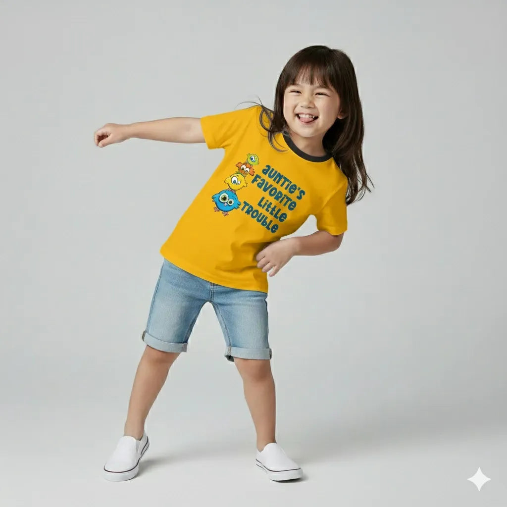 Child wearing a yellow t-shirt with text and graphics on a plain background