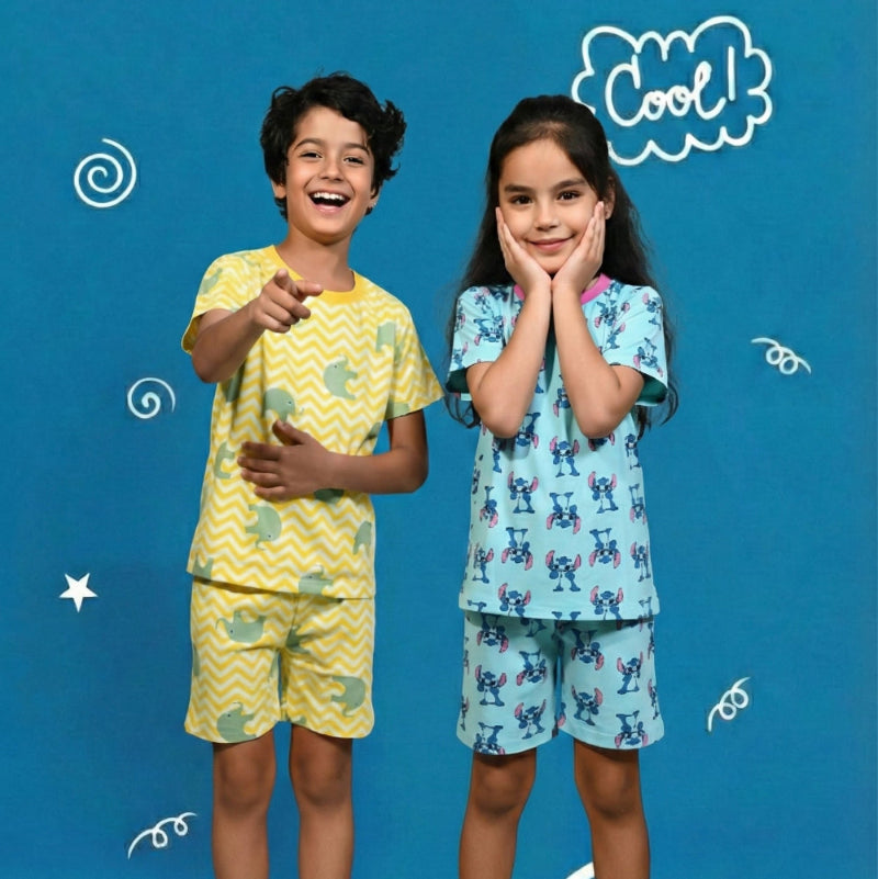 Two children in colorful pajamas against a blue background with 'lalala' and 'Cool!' text.