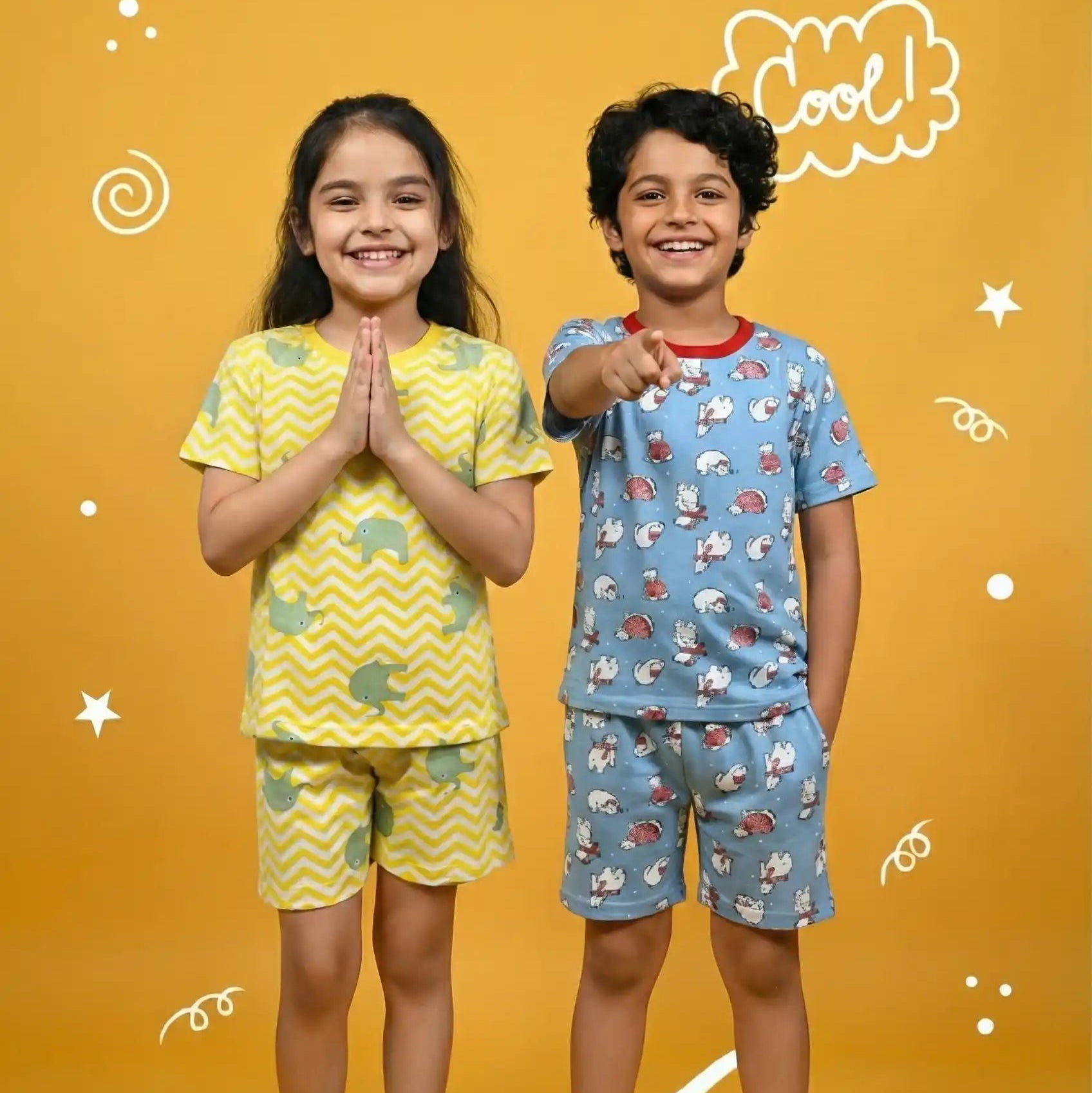Two children in colorful pajamas on a yellow background with 'lalala' branding.