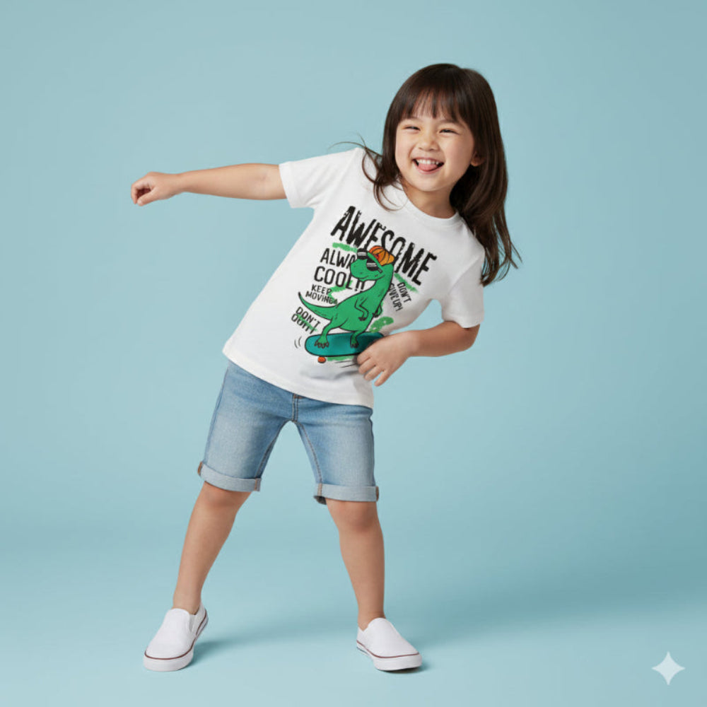 Child wearing a t-shirt with a dinosaur graphic and text on a blue background