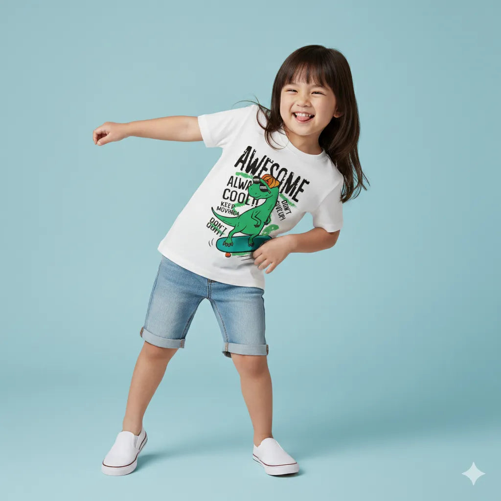 Child wearing a white t-shirt with a dinosaur graphic and text on a light blue background