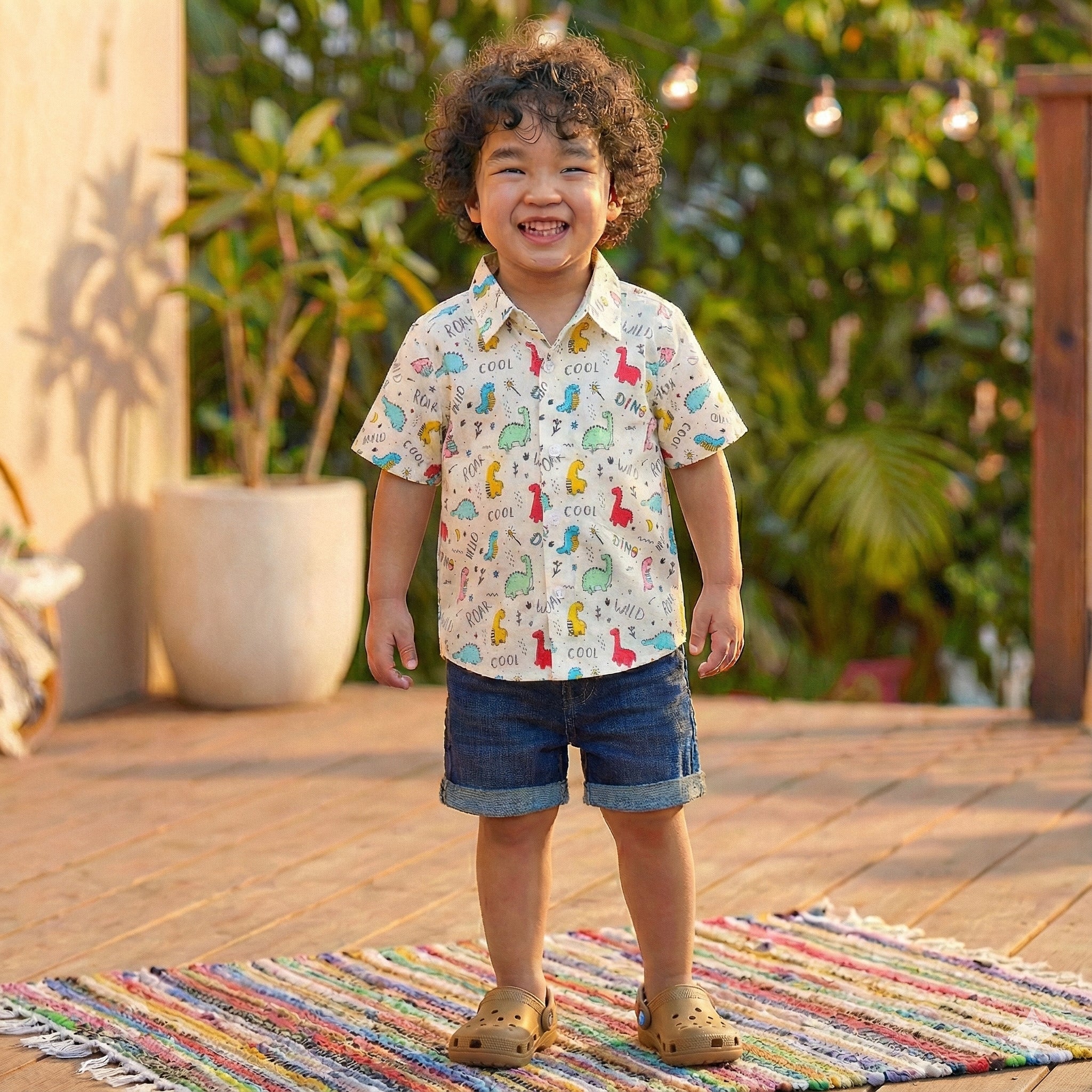 Colorful Dino Printed Cotton Shirt – Short Sleeve