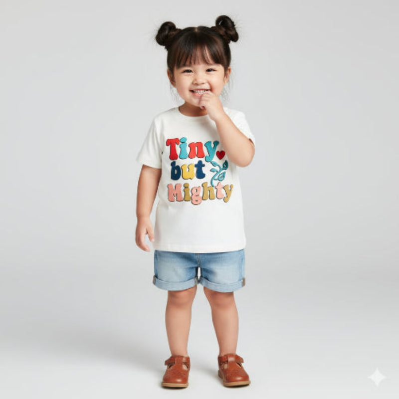 Child wearing a white t-shirt with colorful text and denim shorts on a plain background
