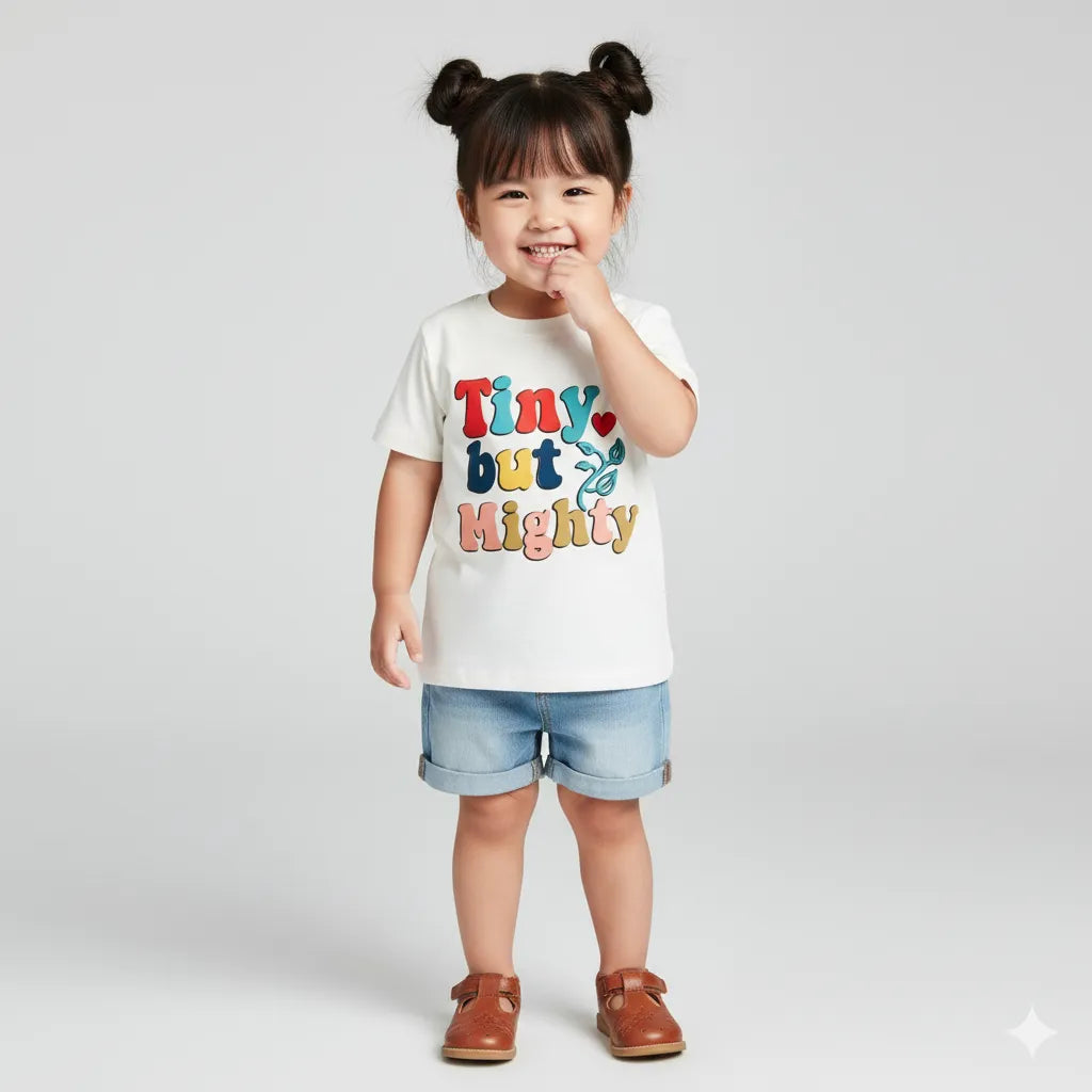 Child wearing a white t-shirt with colorful text on a plain background