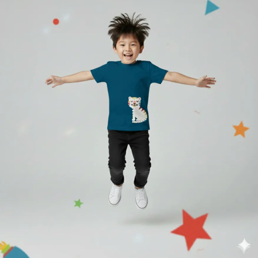 Child wearing a blue t-shirt with a white tiger design, standing against a light gray background with colorful stars.
