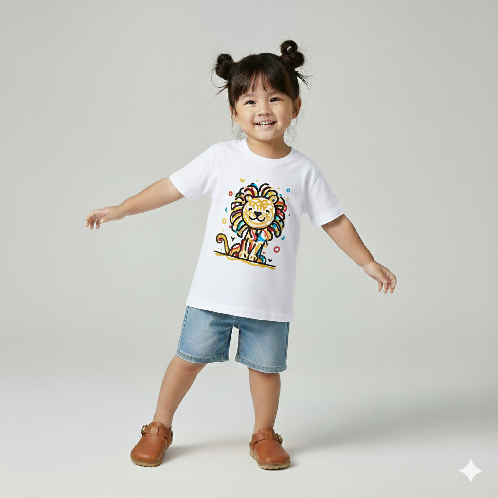 Child wearing a white t-shirt with a colorful lion design and denim shorts on a plain background