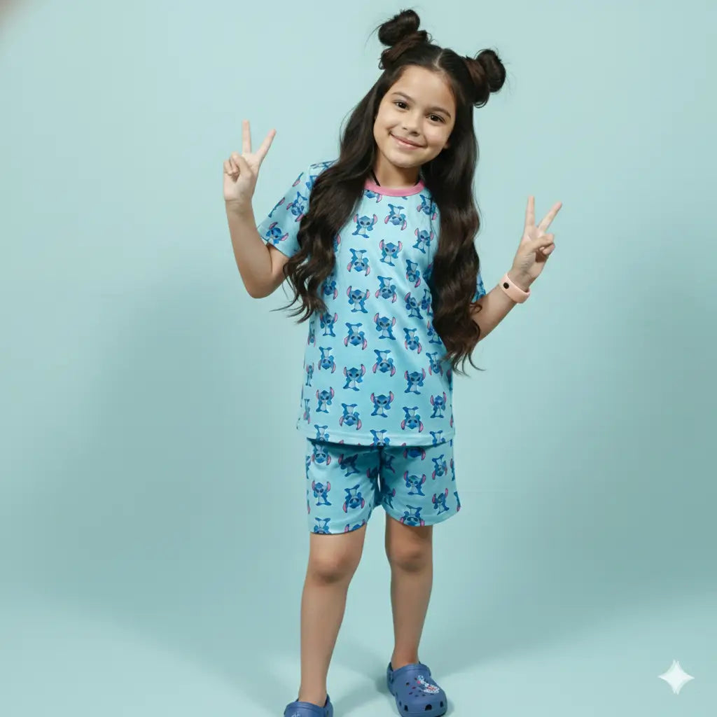 Young girl wearing a blue pajama set with animal print on a light blue background