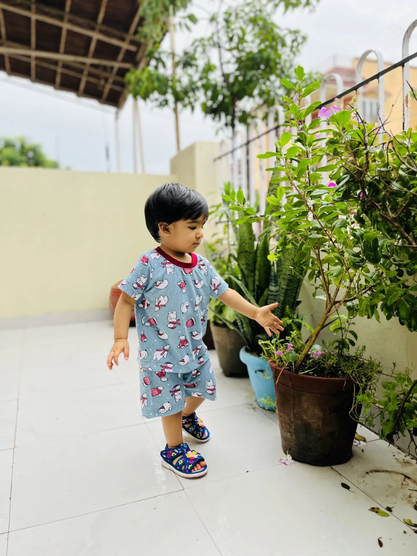 Child in a blue outfit with car pattern standing on a rooftop with plants and buildings in the background