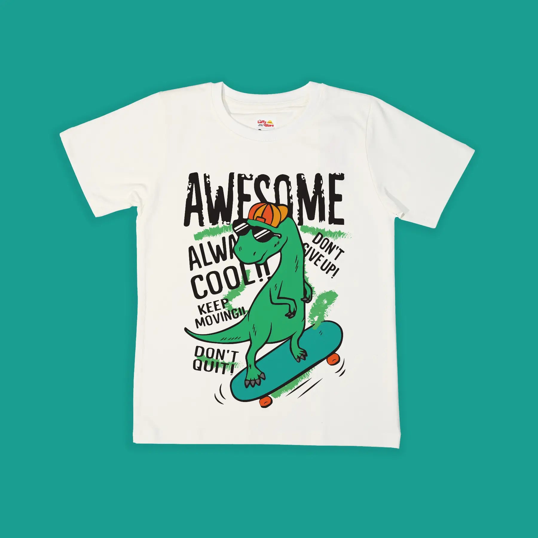 White t-shirt with a dinosaur graphic and motivational text on a teal background