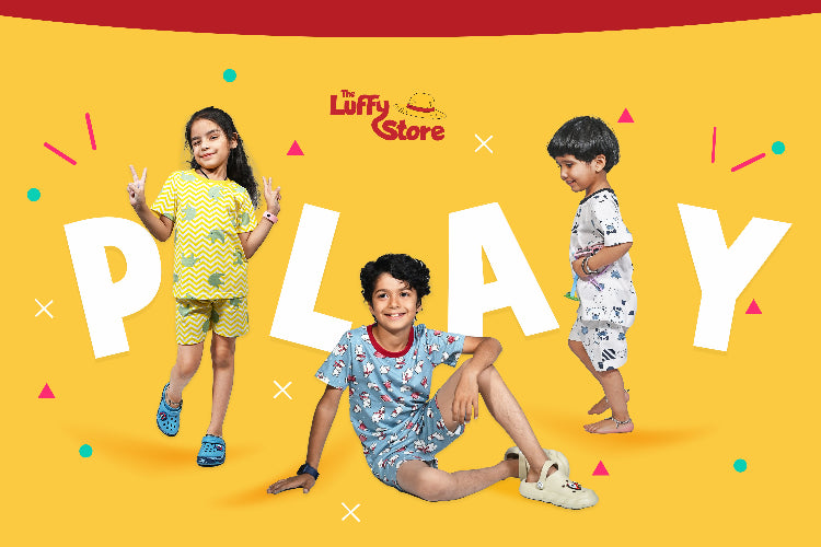 Three children in colorful pajamas on a yellow background with 'Luffy Store' branding.