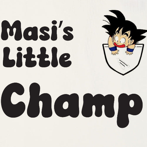 Text 'Masi's Little Champ' with a cartoon character in a pocket on a white background
