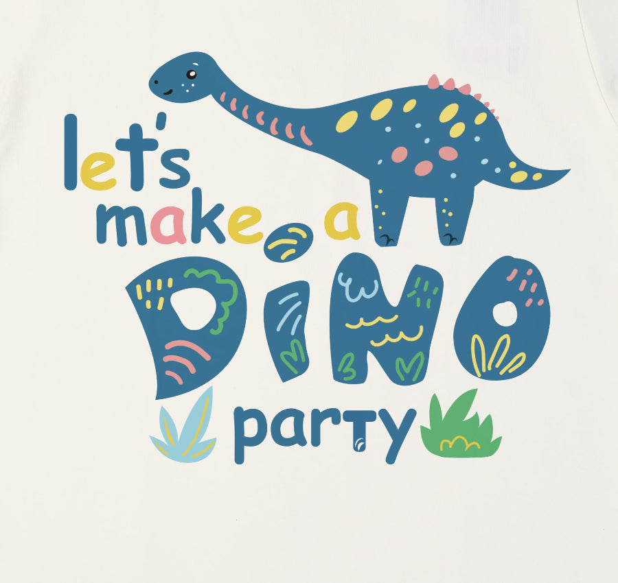 Children's t-shirt with dinosaur graphic and text 'Let's make a dino party' on a white background