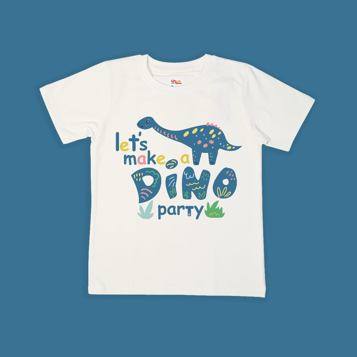 White t-shirt with colorful dinosaur design and text on a blue background