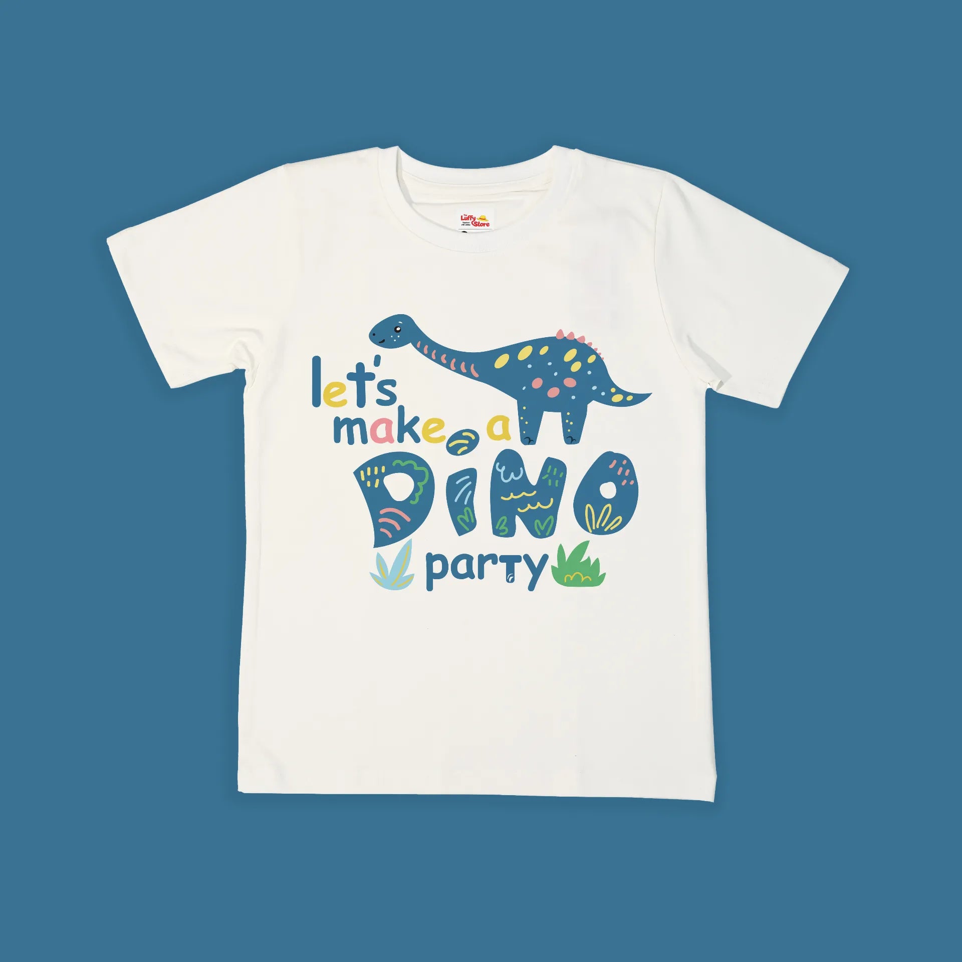 White t-shirt with dinosaur graphic and text on a blue background