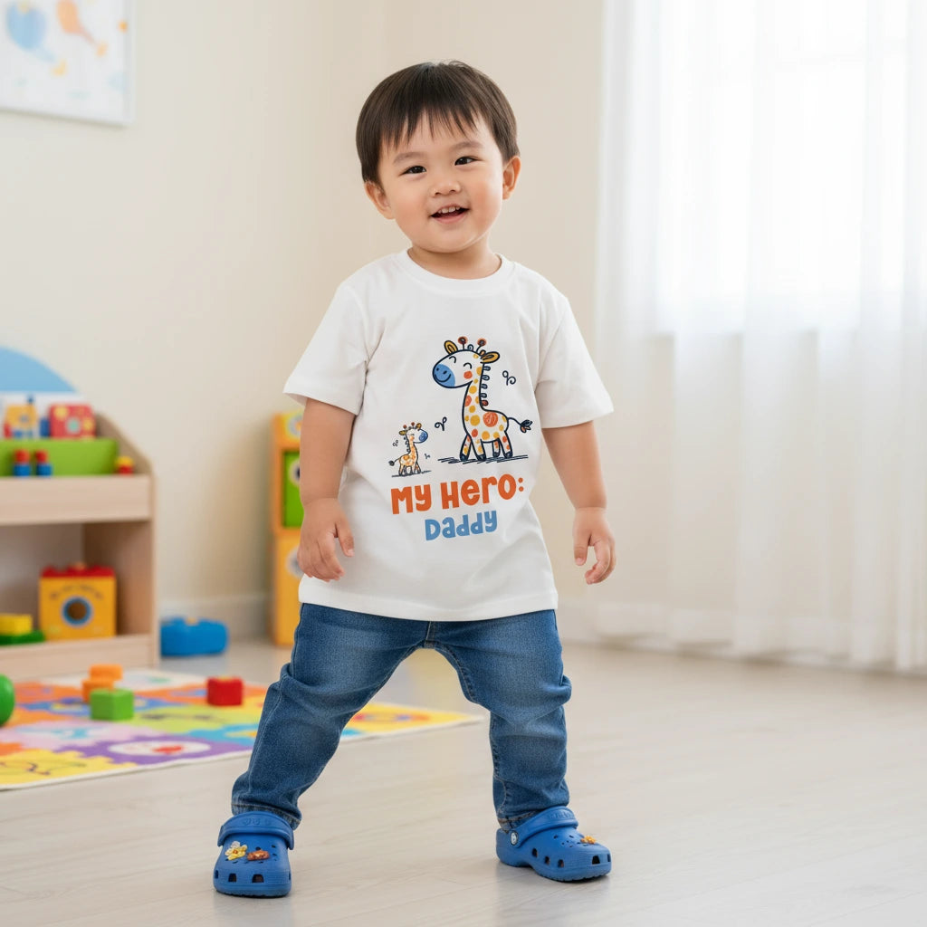 Child wearing a t-shirt with a cartoon design and text in a room with toys and a colorful rug.