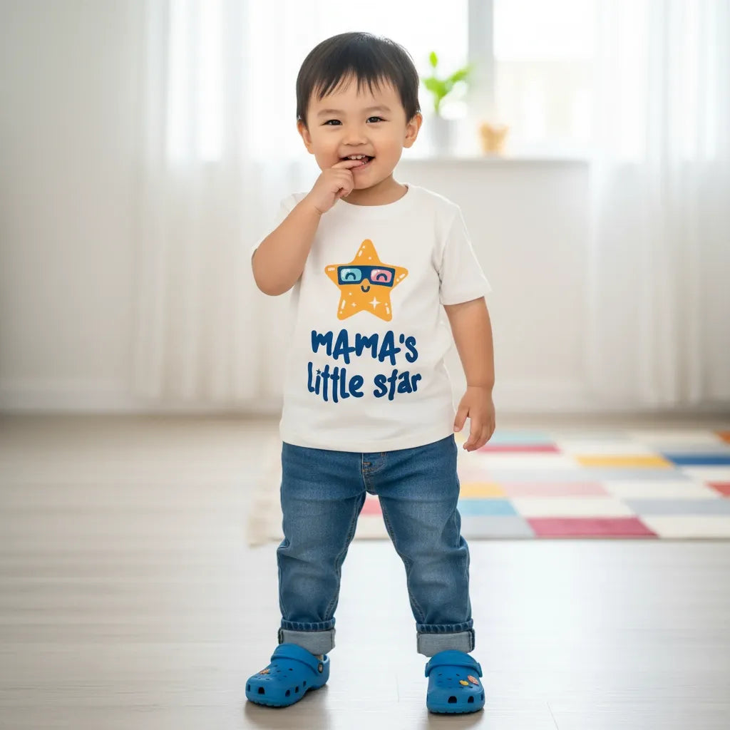 Child wearing a 'Mama's Little Star' t-shirt in a room with a colorful rug.