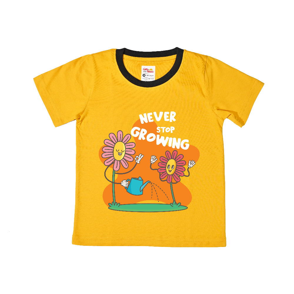 Yellow t-shirt with cartoon flowers and 'Never Stop Growing' text on a white background