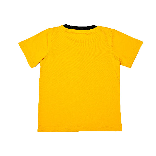 Yellow t-shirt with black trim on a white background