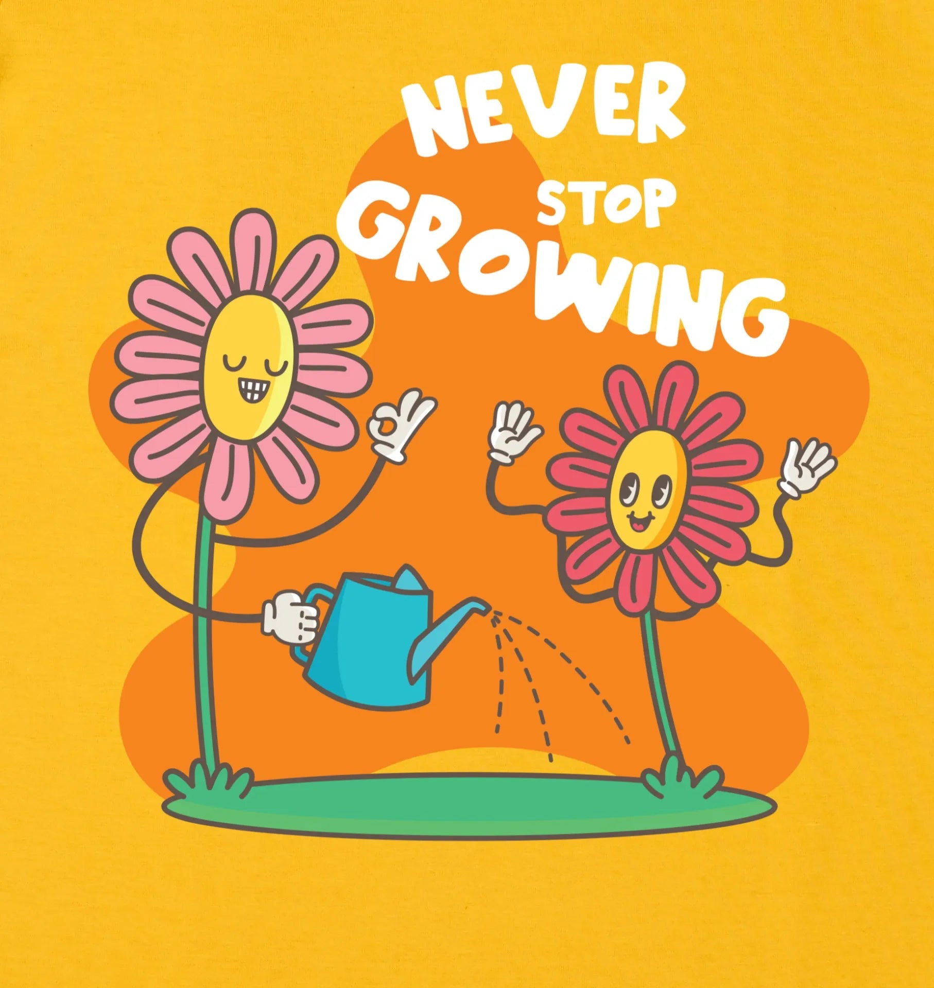 Two cartoon flowers with a watering can and 'Never Stop Growing' text on an orange background