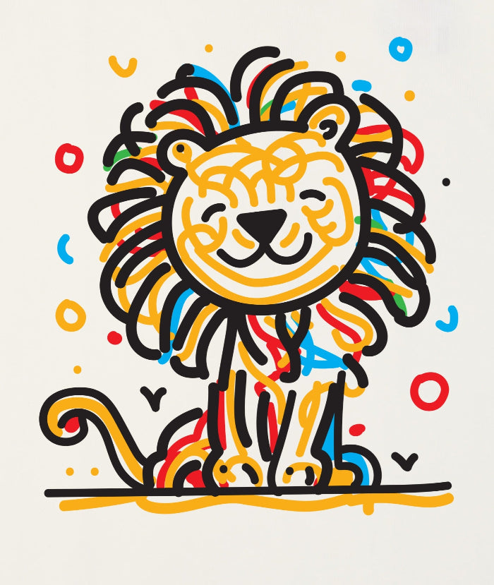 Colorful lion illustration with a happy expression on a white background