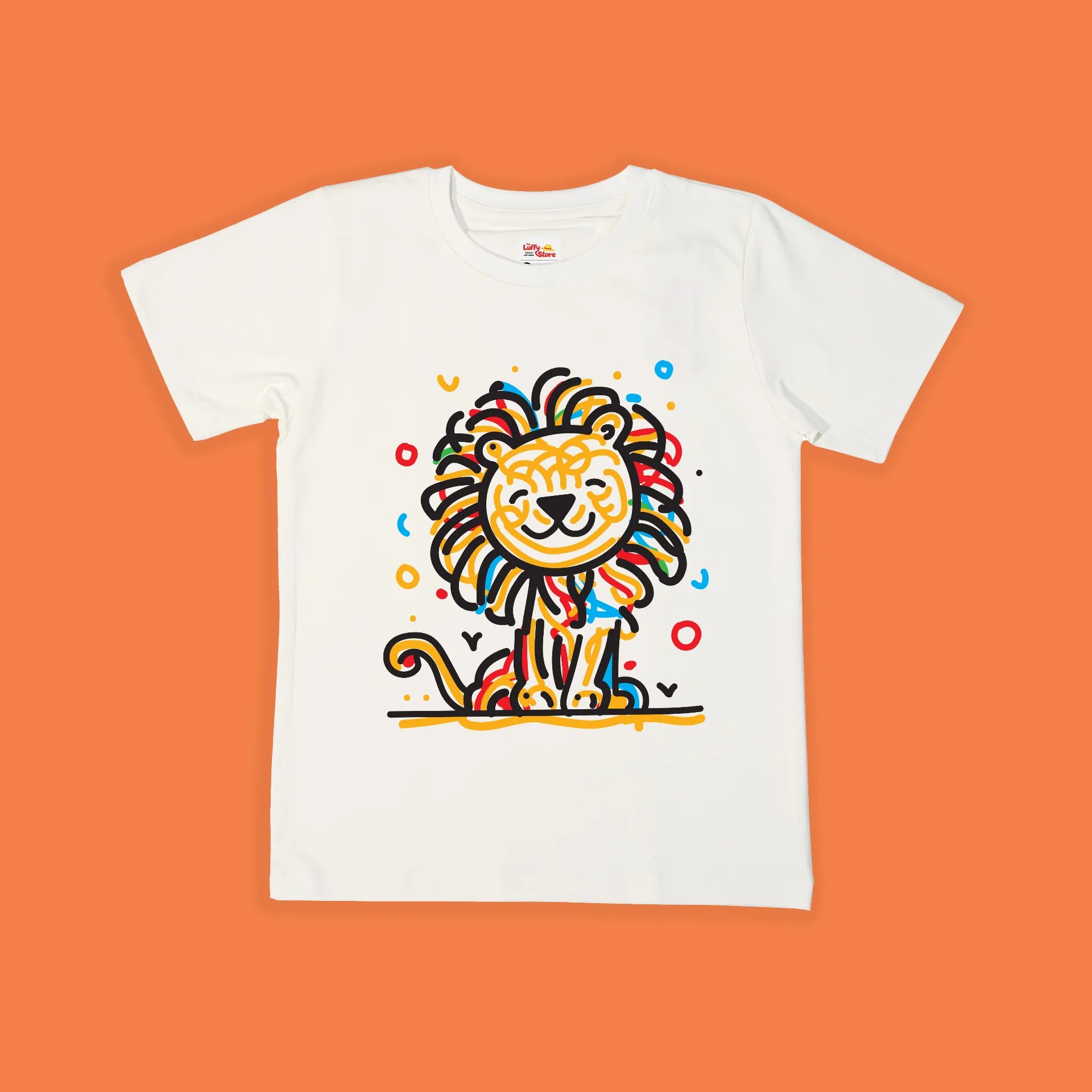White t-shirt with a colorful lion graphic on an orange background