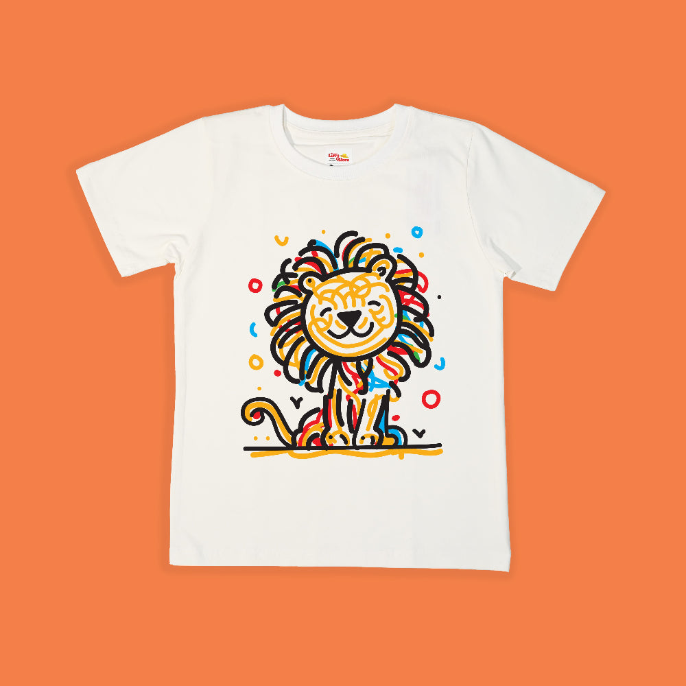 White t-shirt with a colorful lion graphic on an orange background