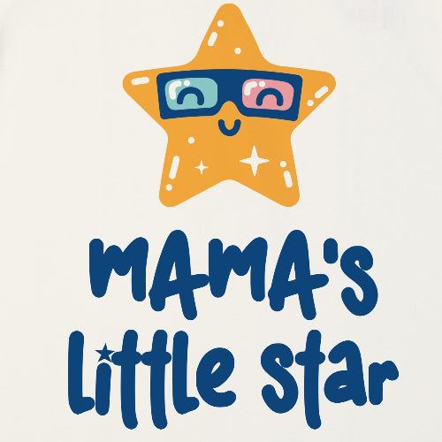 Star-shaped character with sunglasses and 'Mama's Little Star' text on a white background
