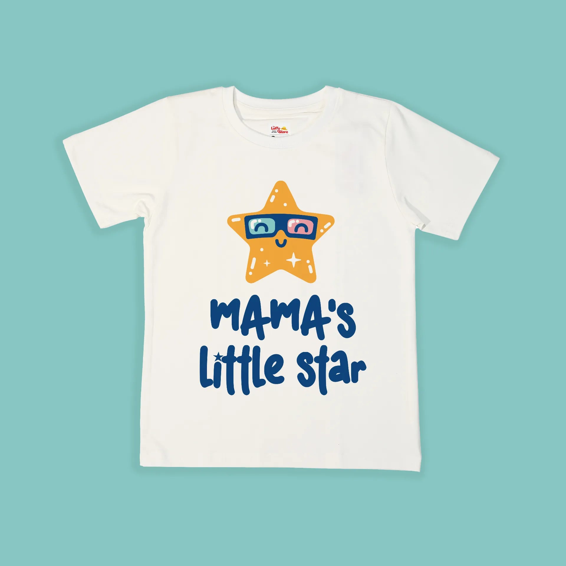 White t-shirt with a star design and 'MAMA's little star' text on a light blue background