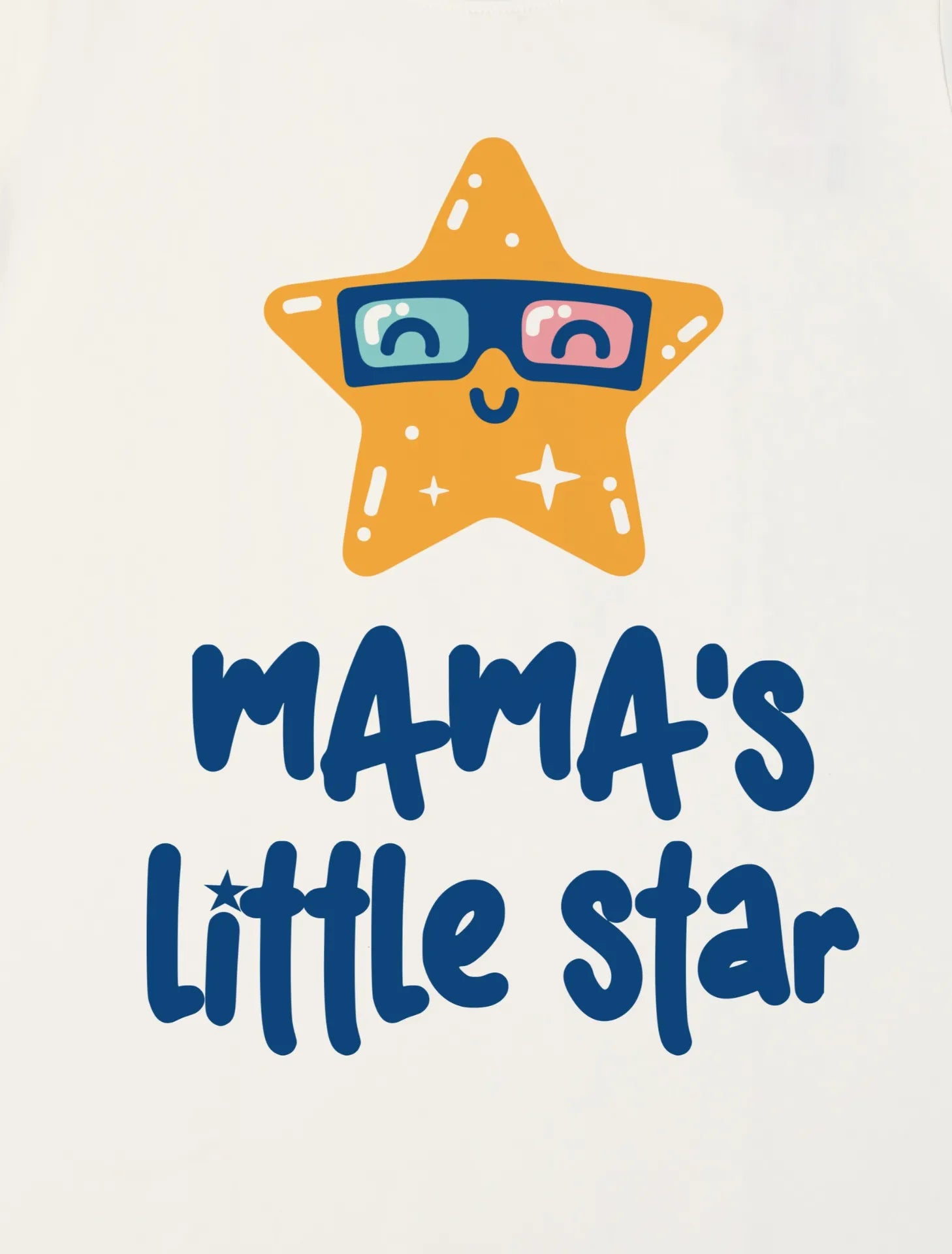 Star-shaped character with sunglasses and 'Mama's Little Star' text on a white background