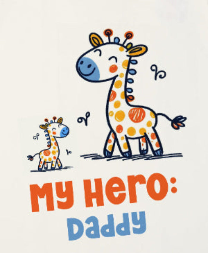 Cartoon giraffes with 'My Hero: Daddy' text on a light background