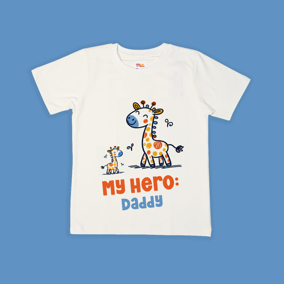my hero: daddy printed on white t shirt with sky blue background