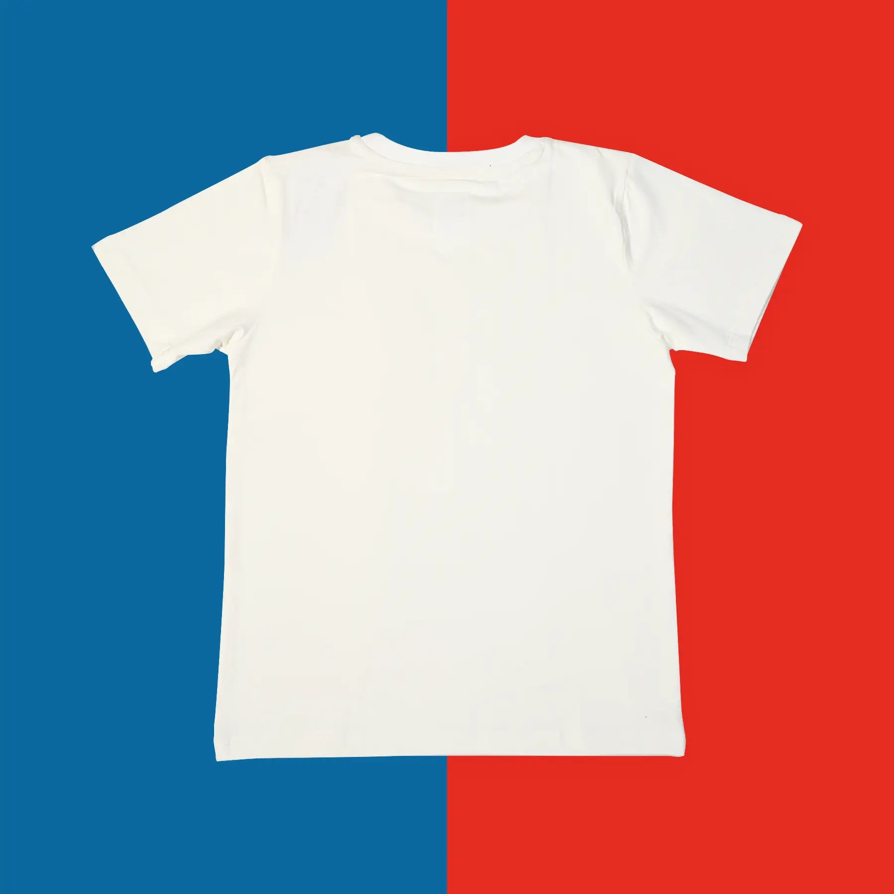 White t-shirt on a red and blue background