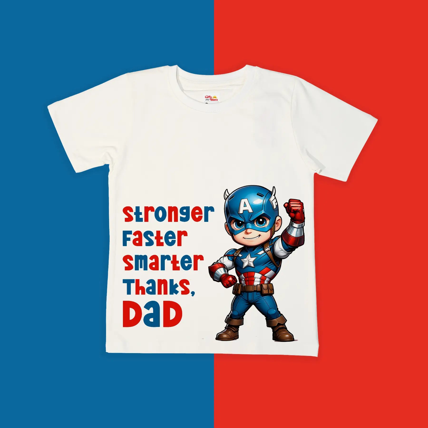 White t-shirt with superhero design and text on a red and blue background