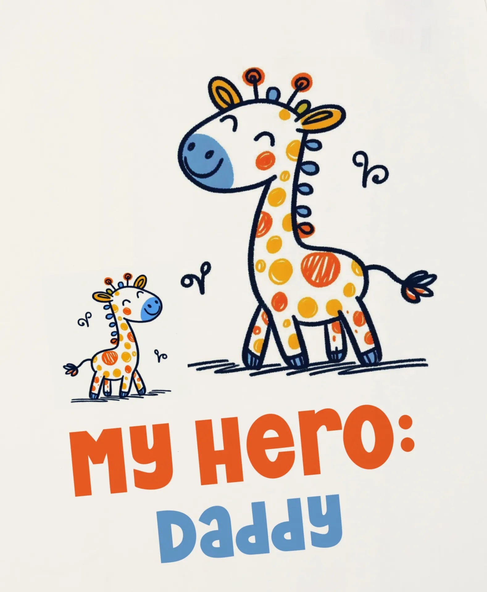 Cartoon giraffes with 'My Hero: Daddy' text on a light background