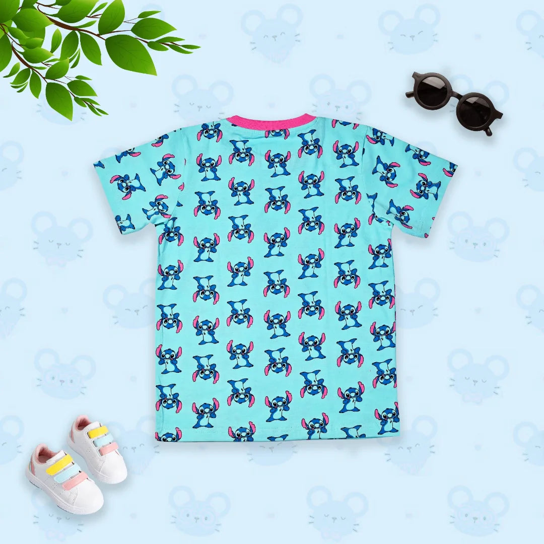 Children's t-shirt with cartoon character pattern on a light blue background